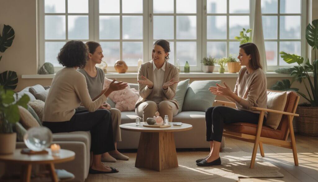 A therapist and two clients having a calm conversation in a bright, plant-filled therapy room with a view of a city skyline.
