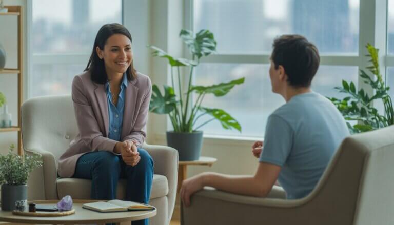 A therapist and client having a calm conversation in a bright therapy office with plants and a view of a city skyline.