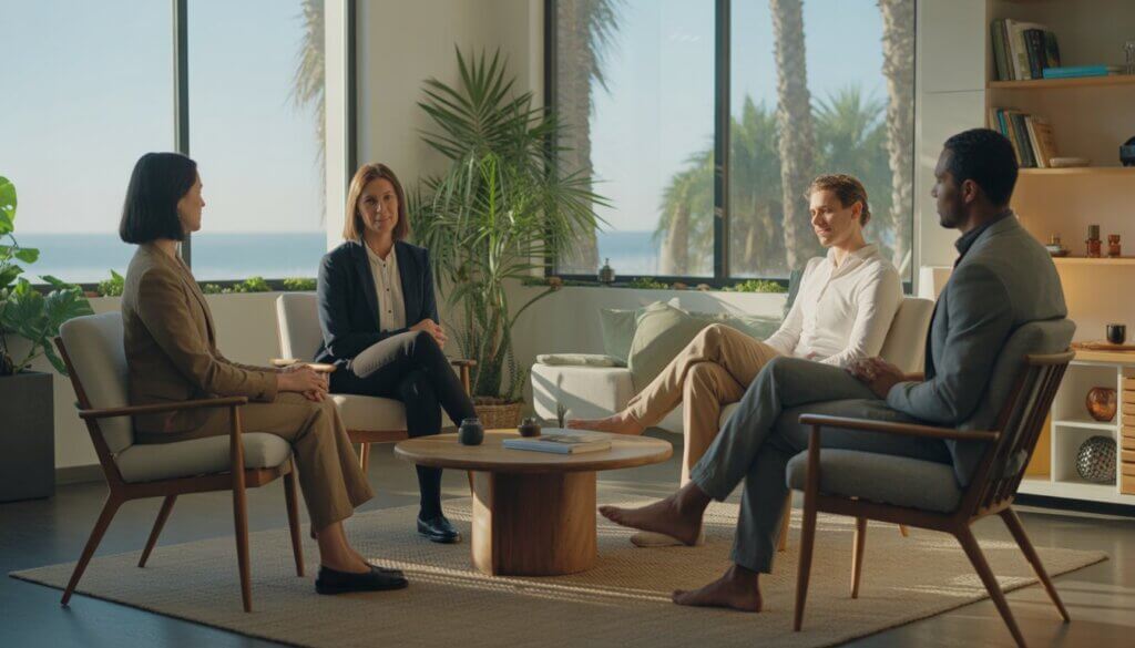 A group of holistic anxiety therapists talking with a client in a bright, comfortable therapy room with plants and a view of palm trees and ocean.