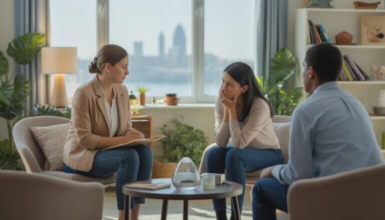A therapist and a client having a calm conversation in a bright therapy room with plants and a view of the city skyline.