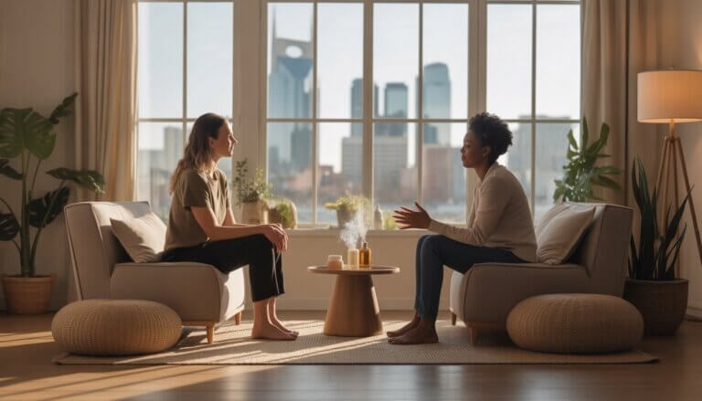 A therapist and client having a calm conversation in a bright therapy room with plants and soft lighting, with a view of Nashville in the background.