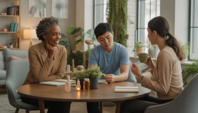 Three therapists having a discussion in a cozy therapy office with plants and natural light.