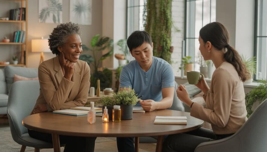 Three therapists having a discussion in a cozy therapy office with plants and natural light.