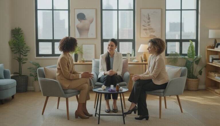 Three holistic anxiety therapists talking with a client in a bright, comfortable therapy office with plants and city views in the background.