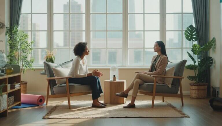 A therapist attentively listening to a client in a bright, calming therapy room with plants and natural light.