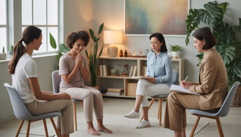 A group of therapists and a client in a bright therapy room with plants, engaging in a calming anxiety relief session.