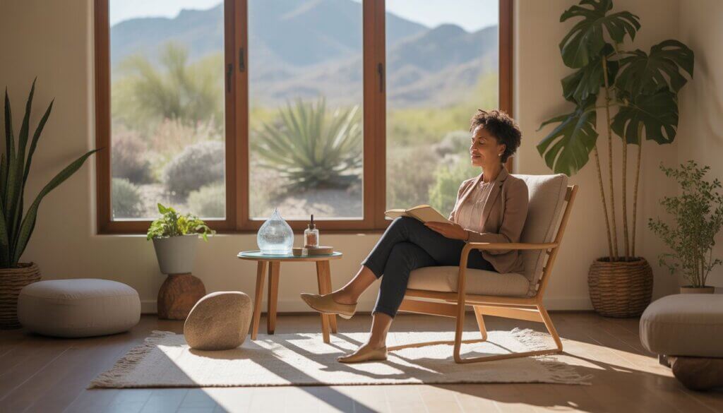 A therapist and a client sitting in a cozy room with natural light, plants, and calming decor, engaged in a therapy session.