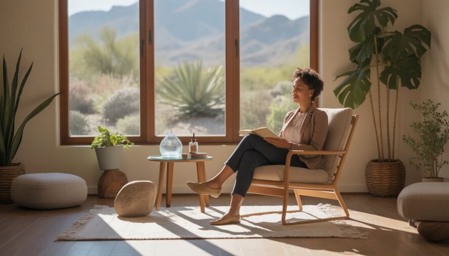 A therapist and a client sitting in a cozy room with natural light, plants, and calming decor, engaged in a therapy session.
