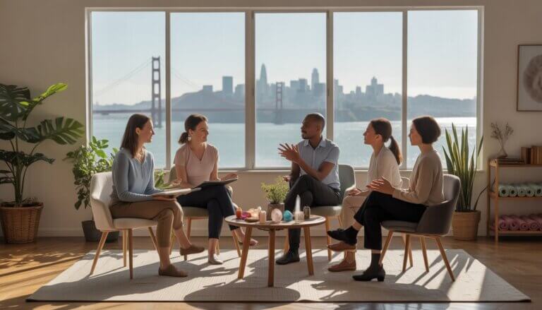 A group of therapists having a calm discussion in a bright office with large windows showing the San Francisco skyline and Golden Gate Bridge.