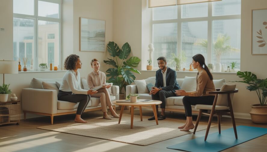 Therapists and a client in a bright, comfortable therapy room with plants and natural light, creating a calm and supportive atmosphere.