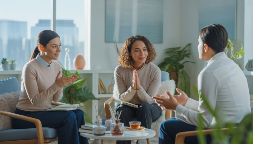 Two therapists and a client in a bright therapy room with plants and a window showing a city skyline, engaged in a calm conversation.