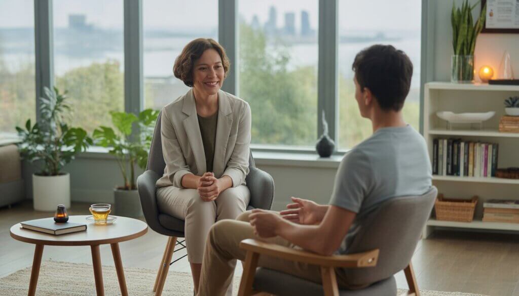 A therapist and client engaged in a calm therapy session in a bright office with large windows showing Seattle skyline and plants.