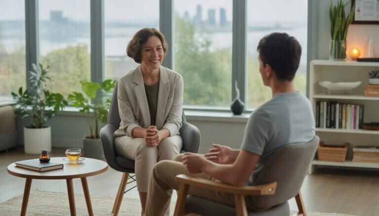 A therapist and client engaged in a calm therapy session in a bright office with large windows showing Seattle skyline and plants.