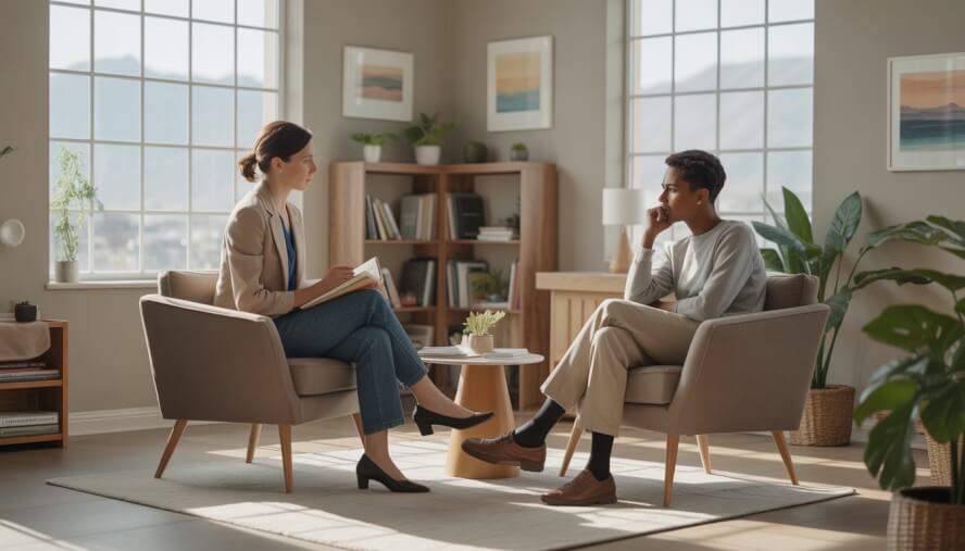 A therapist and a client having a thoughtful conversation in a bright, cozy therapy office with a view of Boise, Idaho.