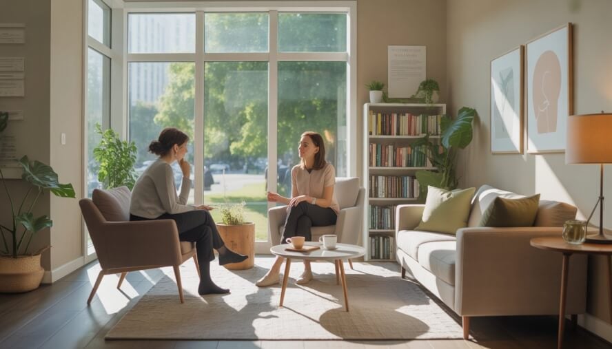 A therapist and a client sitting in a bright, comfortable therapy office with large windows overlooking a green park.
