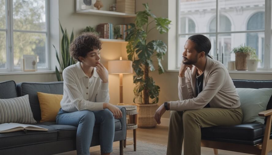 A therapist attentively listening to a young adult client in a bright, comfortable therapy office with plants and books, with a view of trees outside the window.