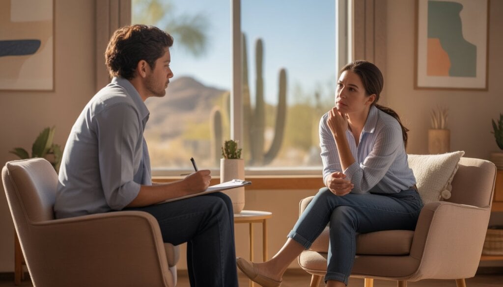 A therapist and client having a thoughtful conversation in a bright office with desert plants visible outside.