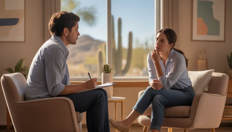A therapist and client having a thoughtful conversation in a bright office with desert plants visible outside.