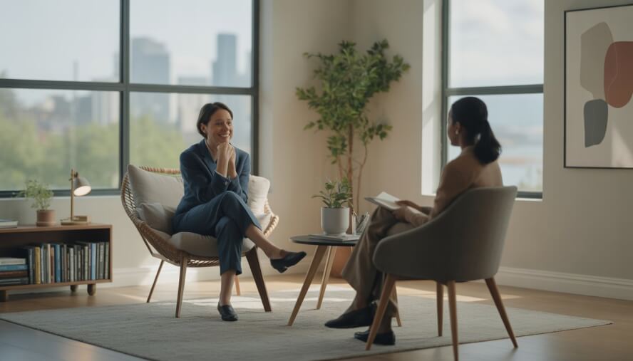 A therapist and client having a calm conversation in a cozy therapy office with a window showing Seattle's skyline.