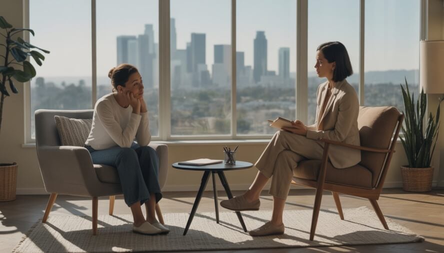 A therapist and a client having a conversation in a bright office with a view of the Los Angeles skyline.
