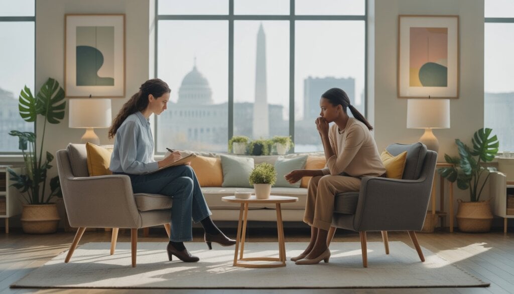 A therapist and client having a thoughtful conversation in a bright, comfortable office with a view of Washington, DC landmarks.