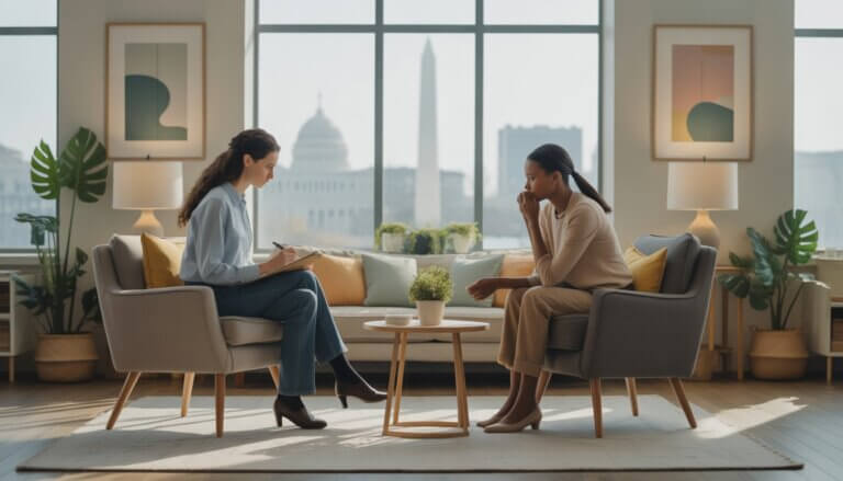 A therapist and client having a thoughtful conversation in a bright, comfortable office with a view of Washington, DC landmarks.
