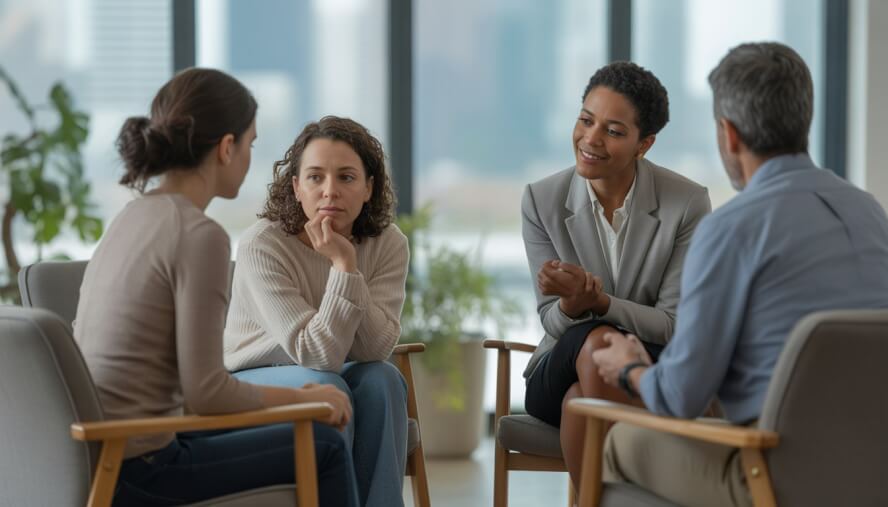 A therapist and a client having a supportive conversation in a bright, comfortable office with a view of Houston city in the background.