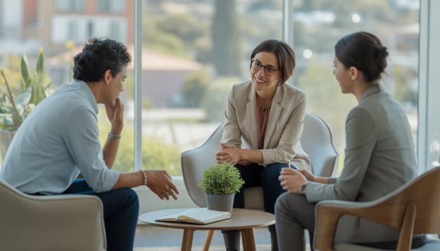 Three adults in a bright therapy office having a supportive conversation with a view of a city outside.