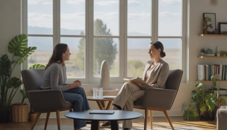 A therapist and client having a calm conversation in a bright office with plants and a view of trees and mountains outside.