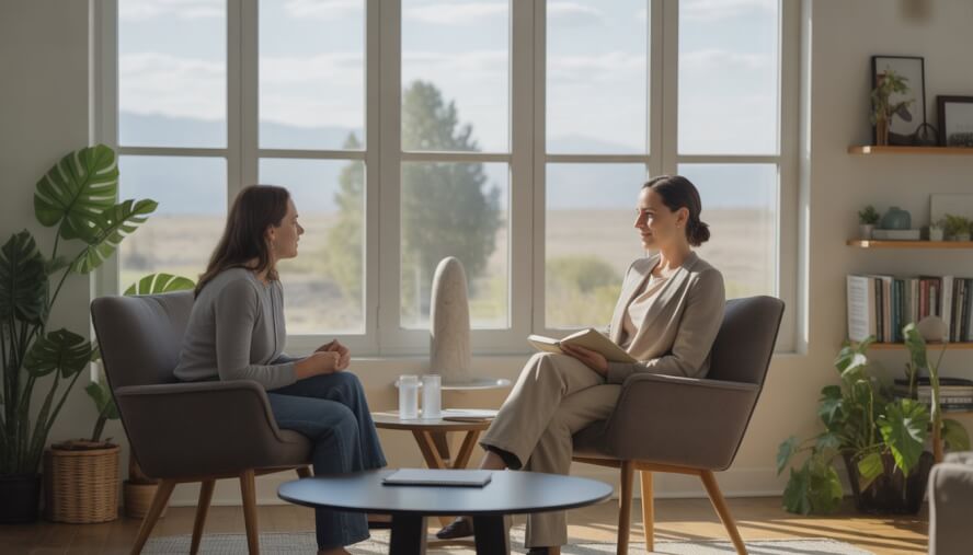 A therapist and client having a calm conversation in a bright office with plants and a view of trees and mountains outside.