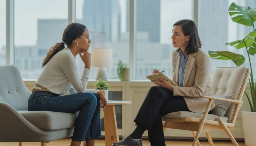 A therapist and client having a calm conversation in a bright office with a view of Atlanta's skyline.