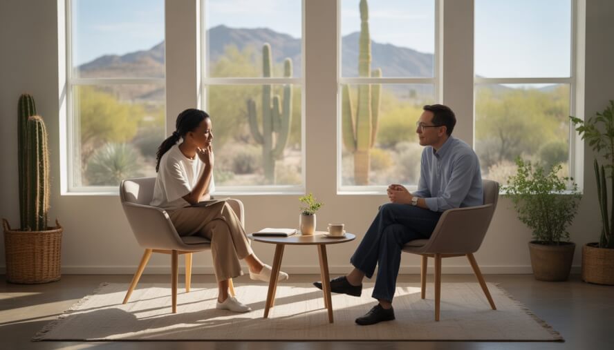 A therapist and client talking in a bright, comfortable therapy office with desert scenery visible through the window