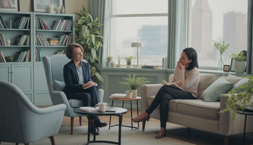 A therapist attentively listens to a thoughtful client in a cozy therapy office with a window showing a city view.