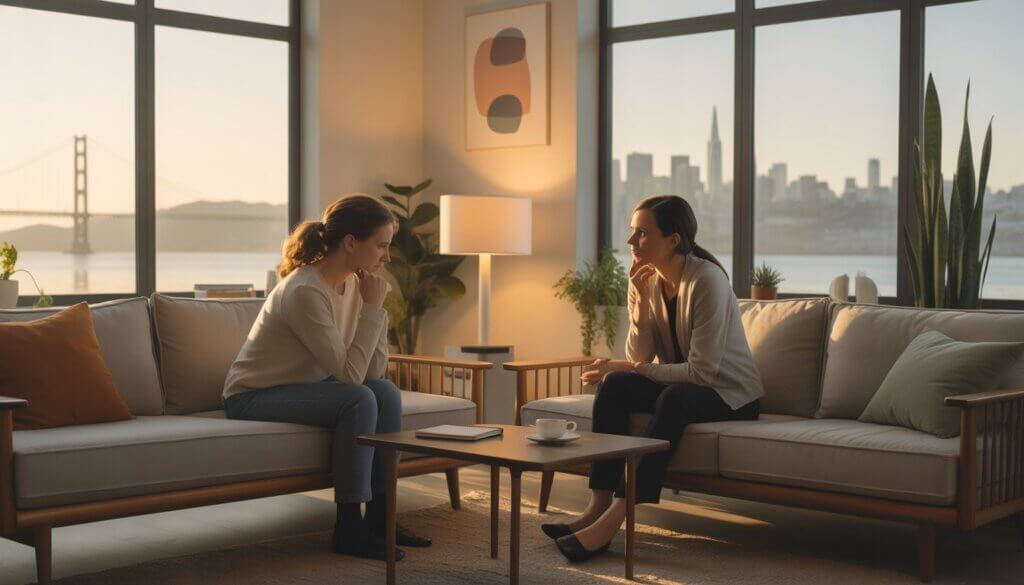 A therapist and client having a thoughtful conversation in a bright, cozy therapy office with a view of the San Francisco skyline.