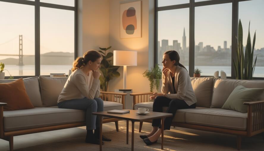 A therapist and client having a thoughtful conversation in a bright, cozy therapy office with a view of the San Francisco skyline.