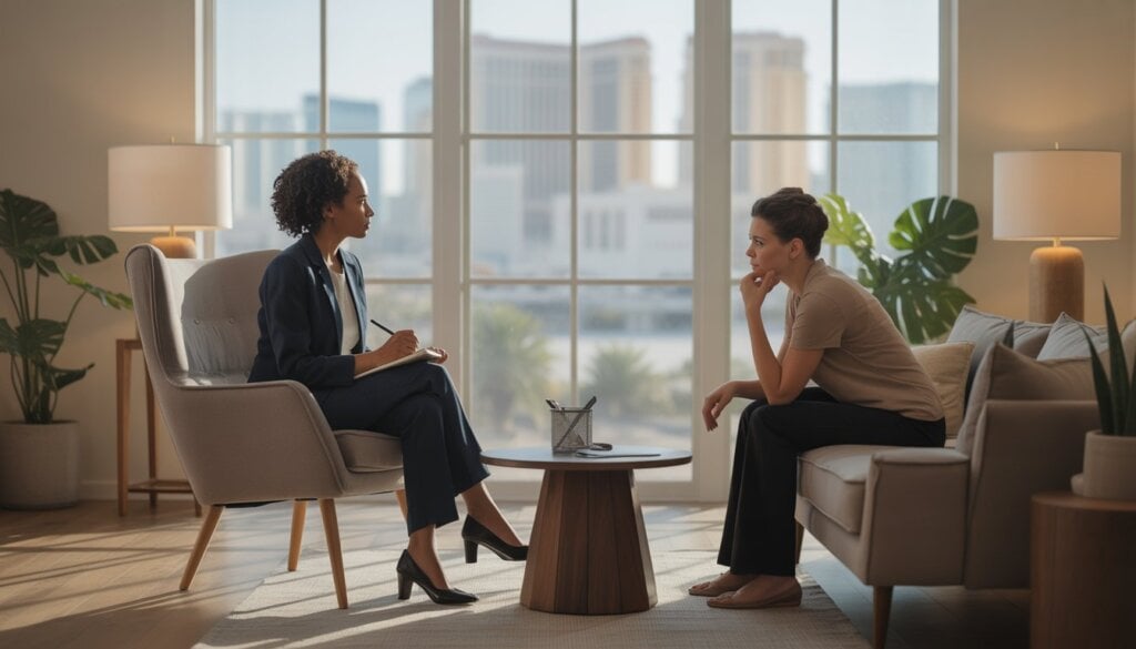 A therapist and client having a thoughtful conversation in a bright therapy office with a view of the Las Vegas skyline.