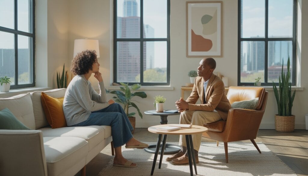 A therapist and client having a thoughtful conversation in a bright, modern office with a view of Austin city through large windows.