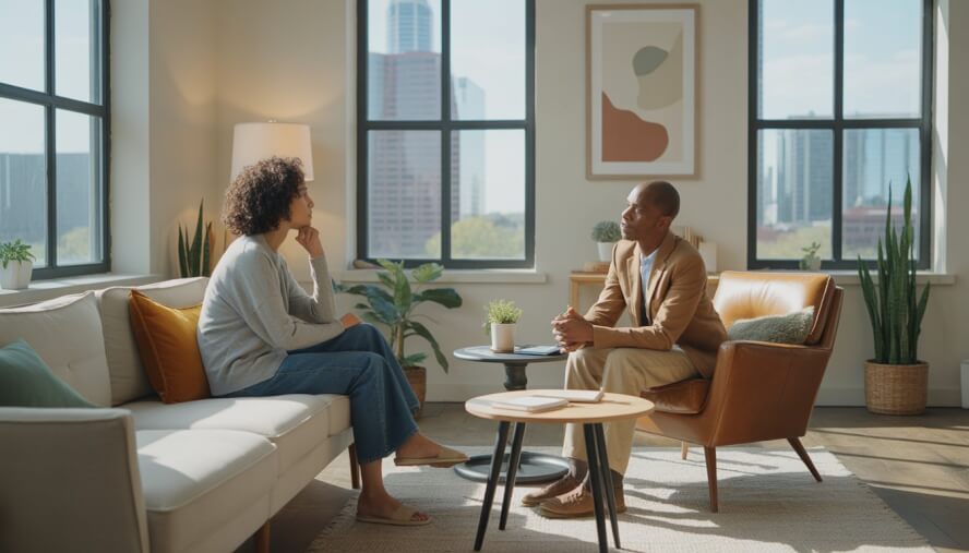 A therapist and client having a thoughtful conversation in a bright, modern office with a view of Austin city through large windows.