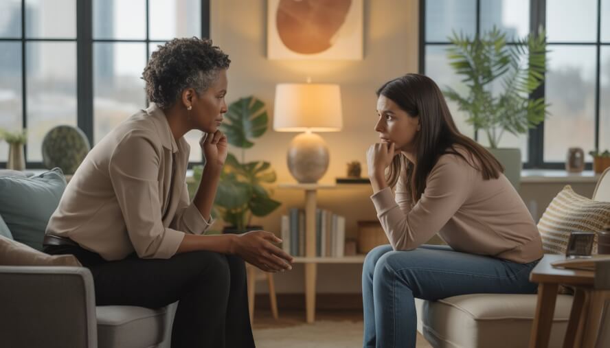 A therapist and a client having a thoughtful conversation in a cozy therapy office with natural light and plants.