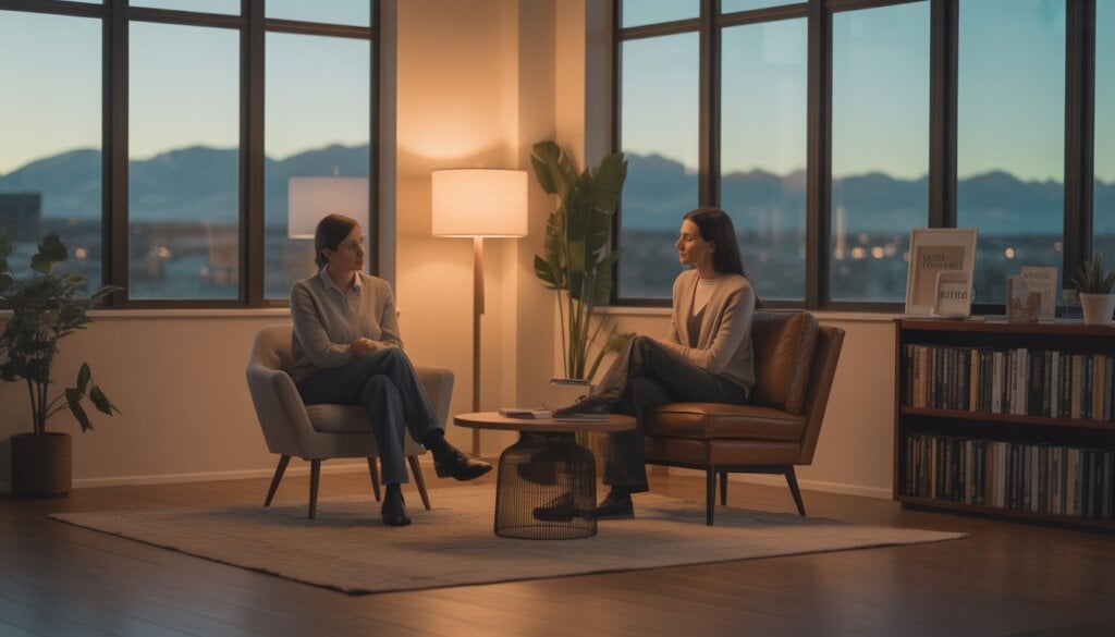 A therapist and client talking in a cozy therapy office with a view of Denver mountains through the window.
