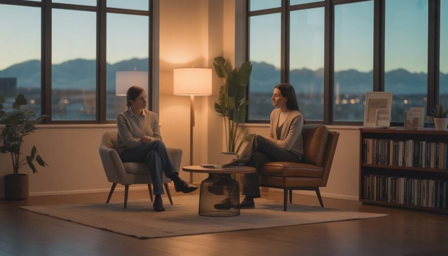A therapist and client talking in a cozy therapy office with a view of Denver mountains through the window.
