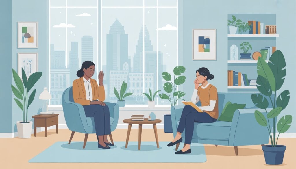 A therapist and a client in a bright therapy office in Boston, with large windows showing the city skyline. The therapist listens attentively while the client looks thoughtful.