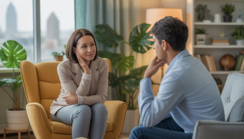 A therapist attentively listening to a young adult man in a cozy therapy office with a window showing a city view and plants in the background.