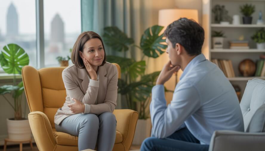 A therapist attentively listening to a young adult man in a cozy therapy office with a window showing a city view and plants in the background.
