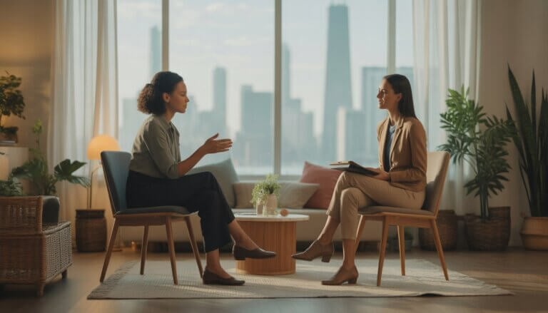 A therapist and client having a calm conversation in a bright, cozy therapy room with plants and a city view in the background.