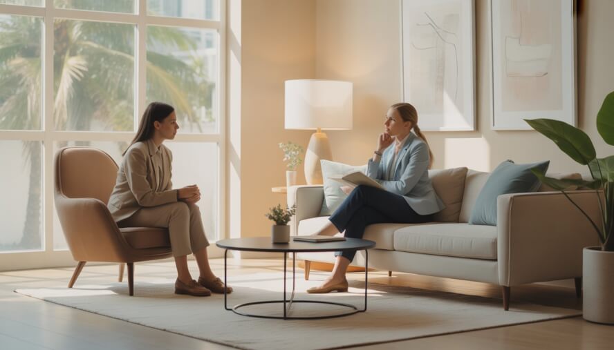 A therapist attentively listening to a client in a bright, modern therapy office with large windows and palm trees visible outside.