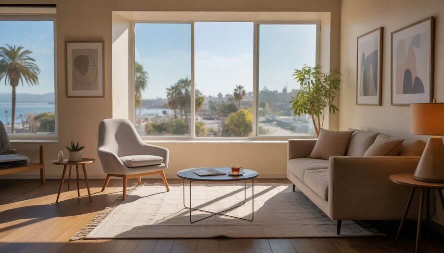 A bright therapy office with a sofa, chair, coffee table, and large windows showing a sunny coastal city with palm trees.