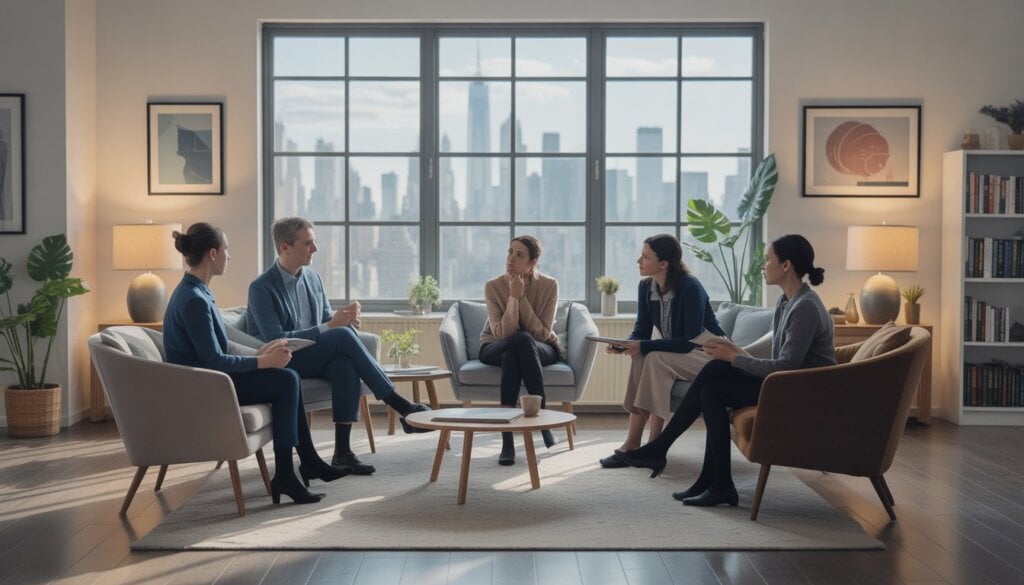 A group of therapists talking with a thoughtful client in a bright, comfortable therapy office with a view of New York City.