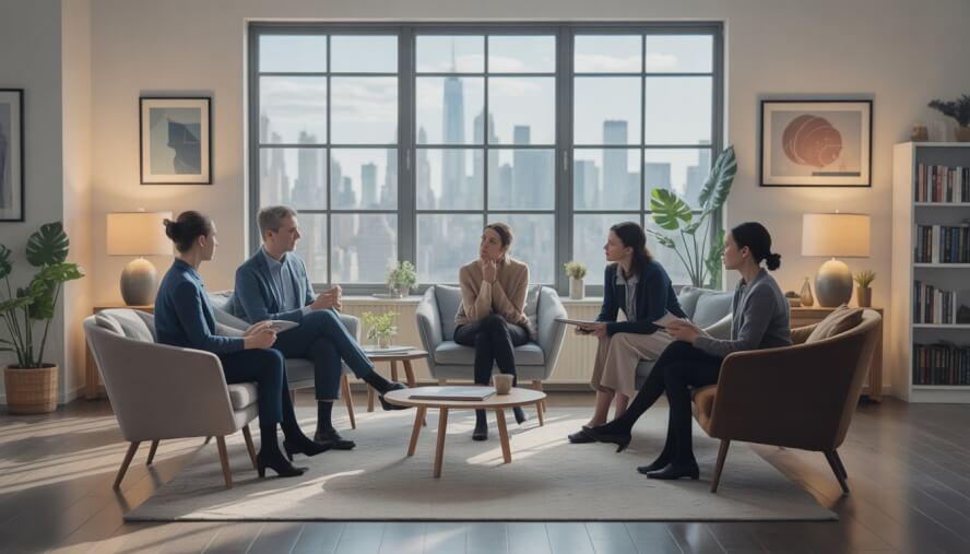 A group of therapists talking with a thoughtful client in a bright, comfortable therapy office with a view of New York City.