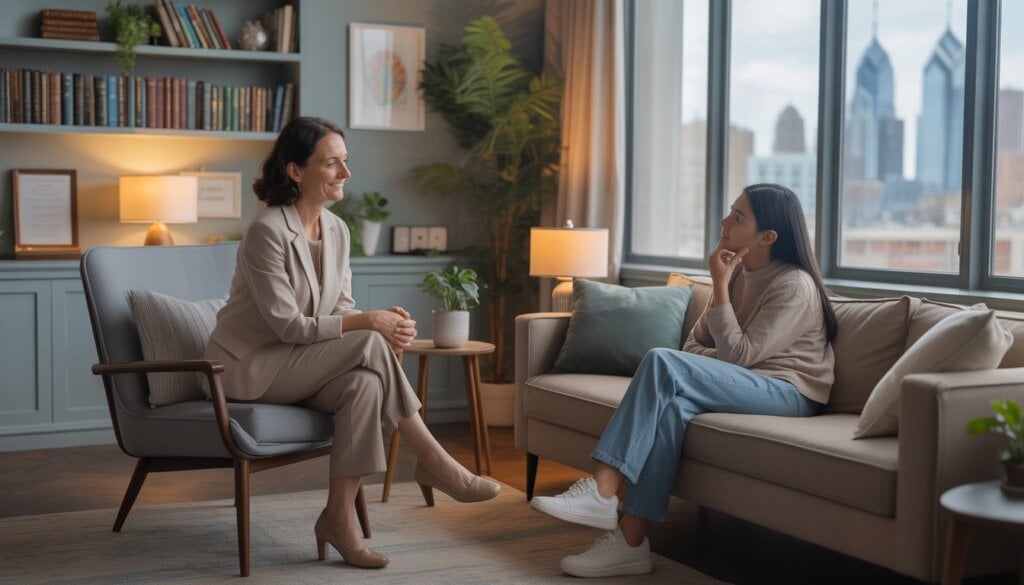 A therapist attentively listening to a young adult client in a comfortable therapy office with a window showing a city view.
